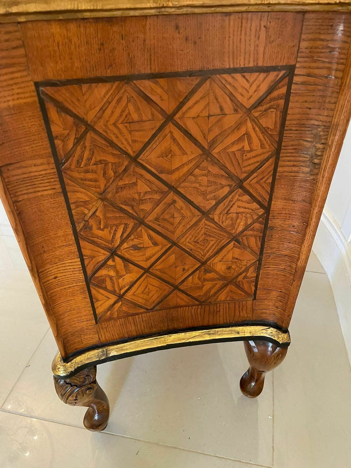 Antique 18th Century Quality Parquetry Inlaid Serpentine Shaped Marble Top Commode photo for sale