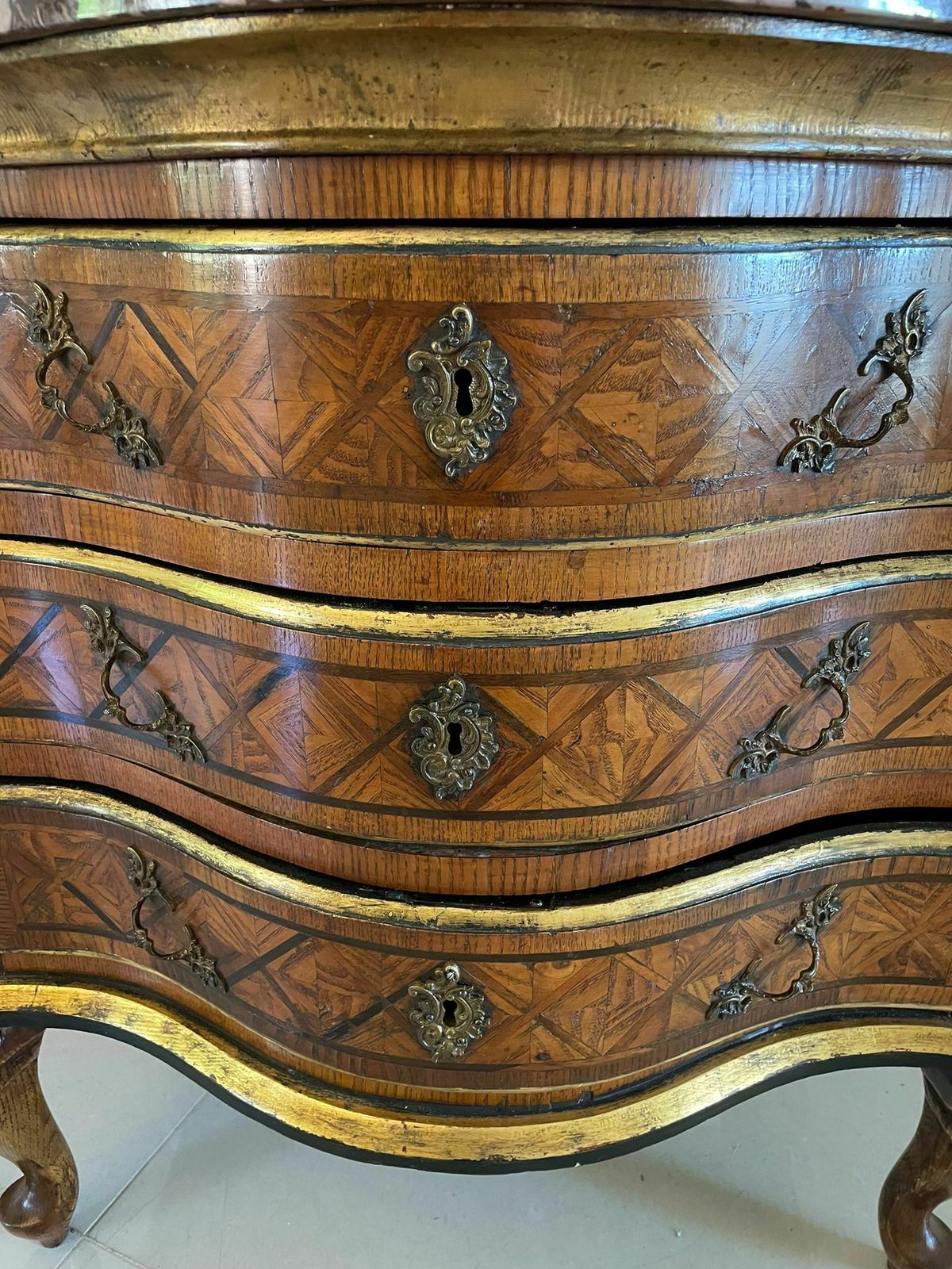 photo for sale Antique 18th Century Quality Parquetry Inlaid Serpentine Shaped Marble Top Commode