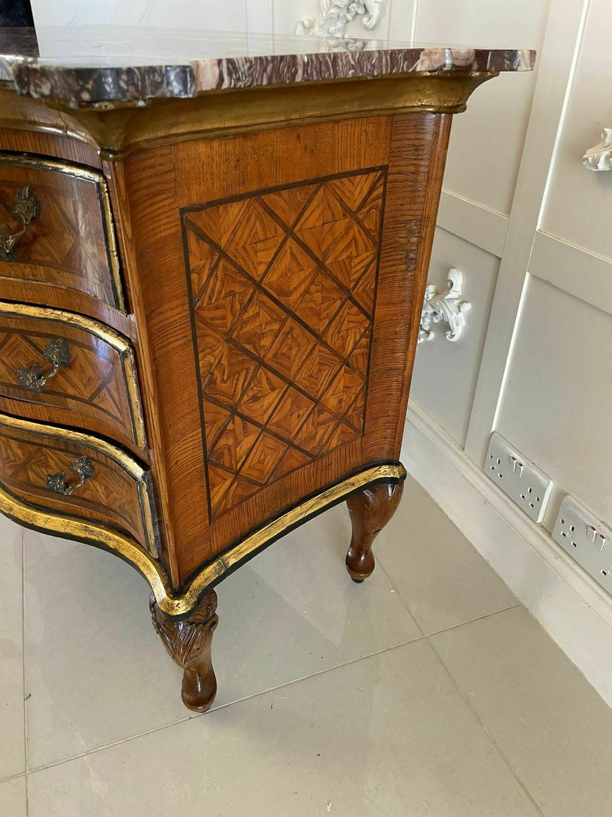 2325.0 Antique 18th Century Quality Parquetry Inlaid Serpentine Shaped Marble Top Commode photo