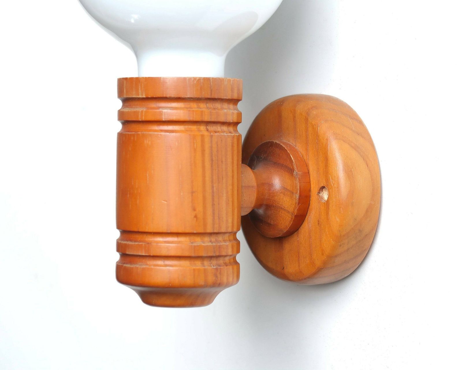Wall Sconce, Pin Wood Base And White Glass Globe, 1970s / Turned Wood, Light, Lighting, Bathroom, Entryway, Boho Chic, Rustic, Farmhouse photo for sale