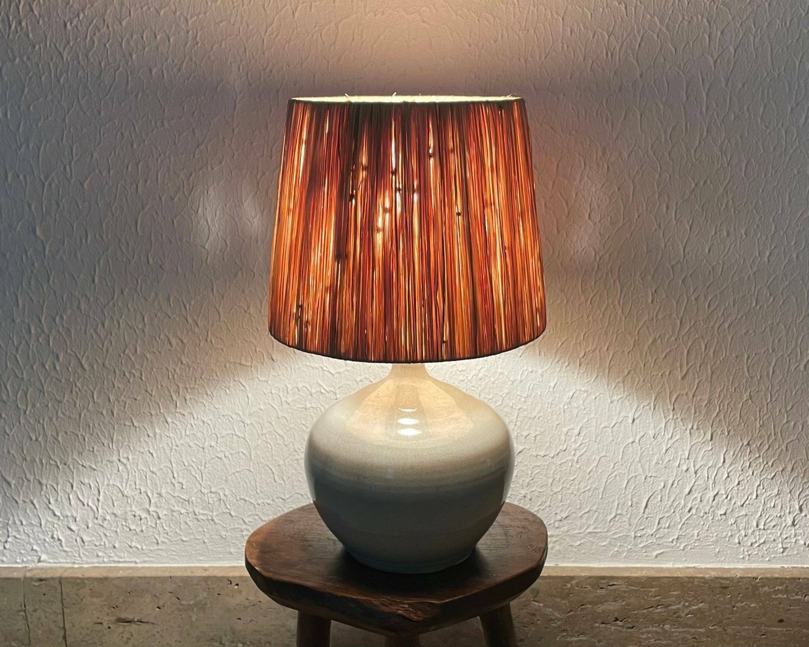 French Grey Ceramic Table Lamp With Raffia Shade, 1960s / Potter, Grey, Boho Chic, Folk, Country, Lighting, France photo Lighting
