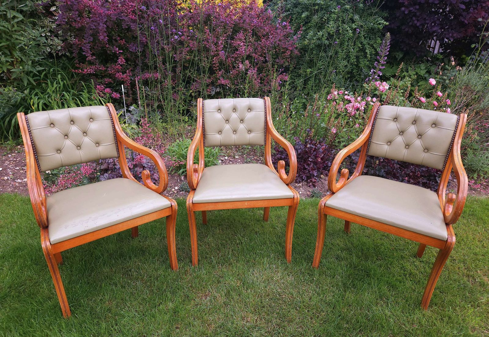 Trio Of Chesterfield Desk Chairs In Pale Olive Green Leather photo buy