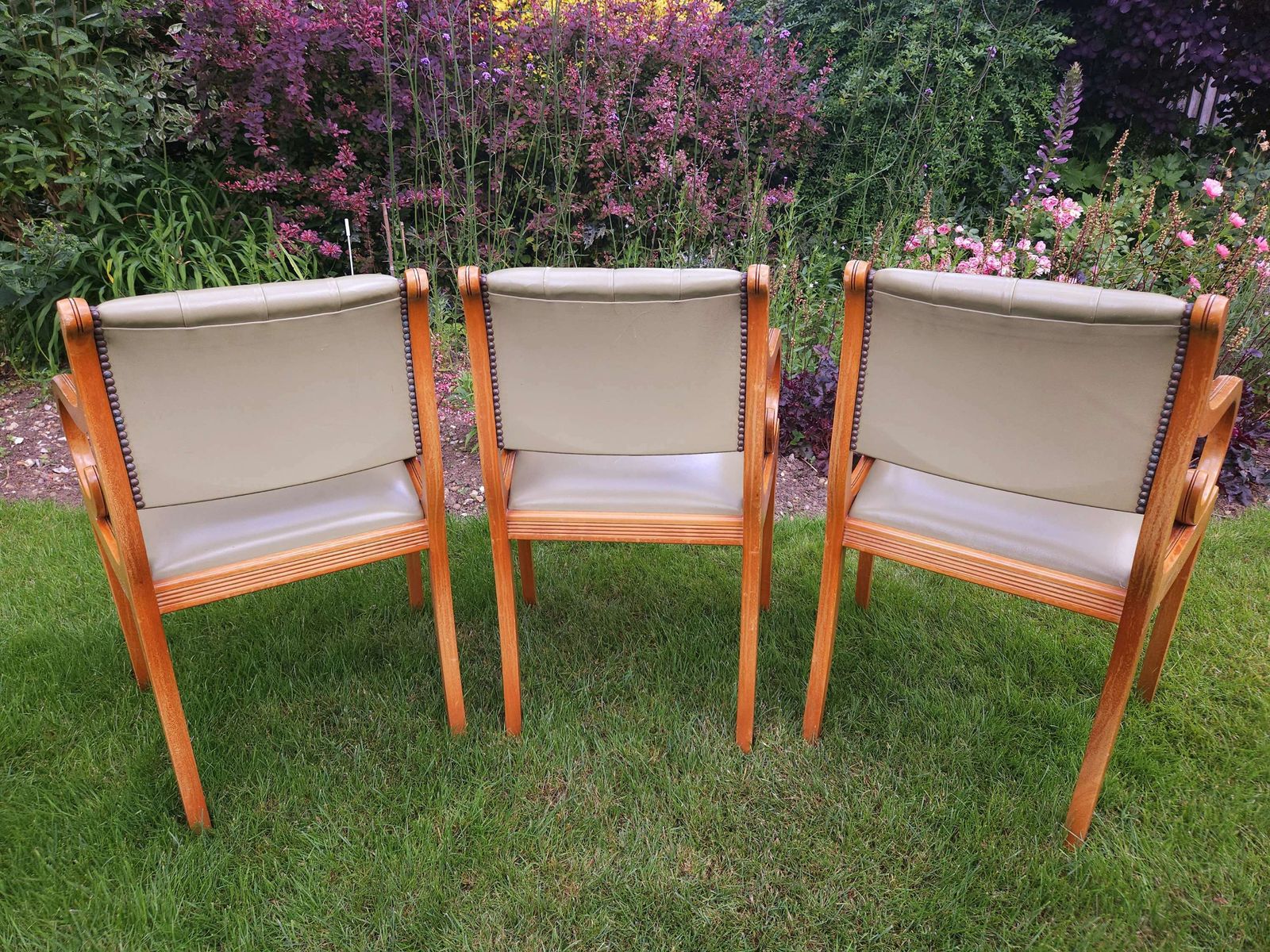 Trio Of Chesterfield Desk Chairs In Pale Olive Green Leather photo vintage