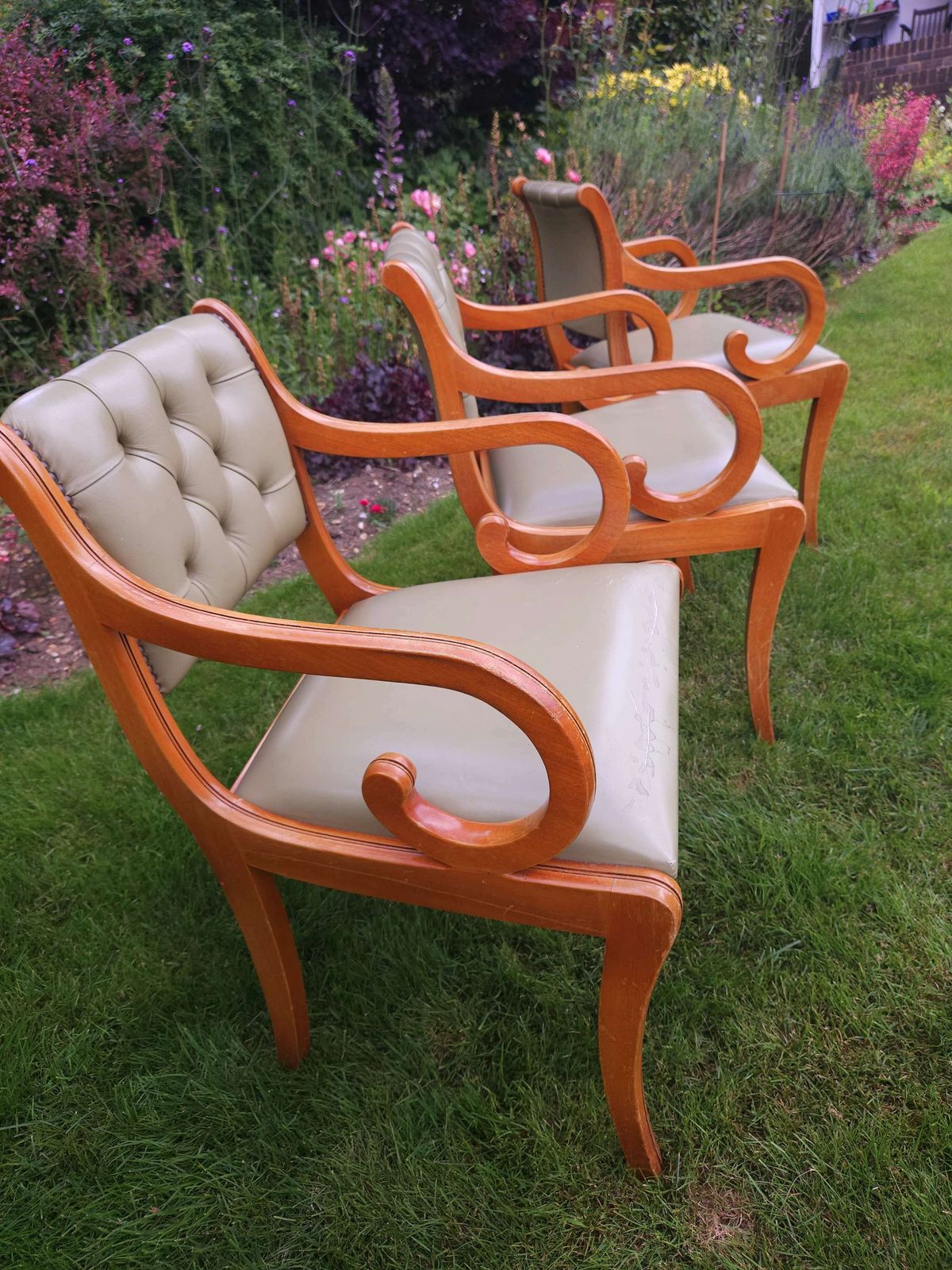 photo furniture Trio Of Chesterfield Desk Chairs In Pale Olive Green Leather