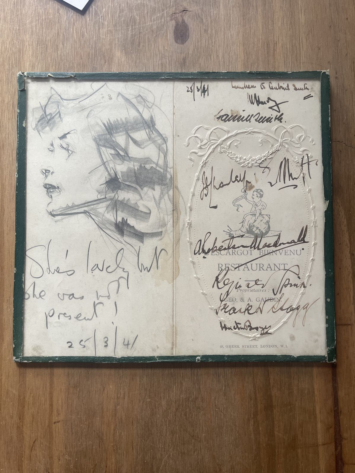 Signed L'escargot Bienvenu Menu London 25/3/41