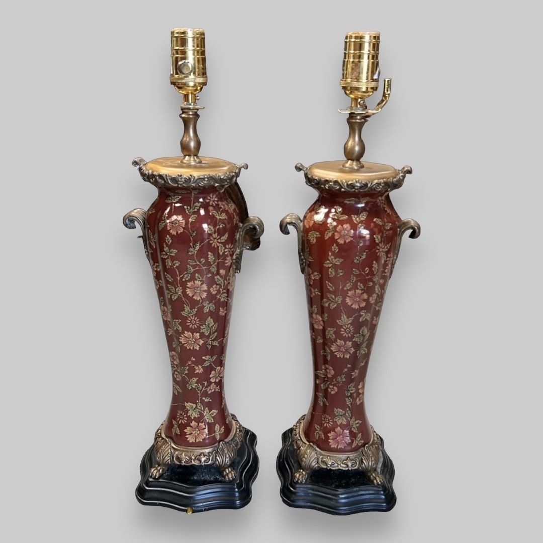 An Attractive Pair Of American Bronze Mounted Porcelain Lamps