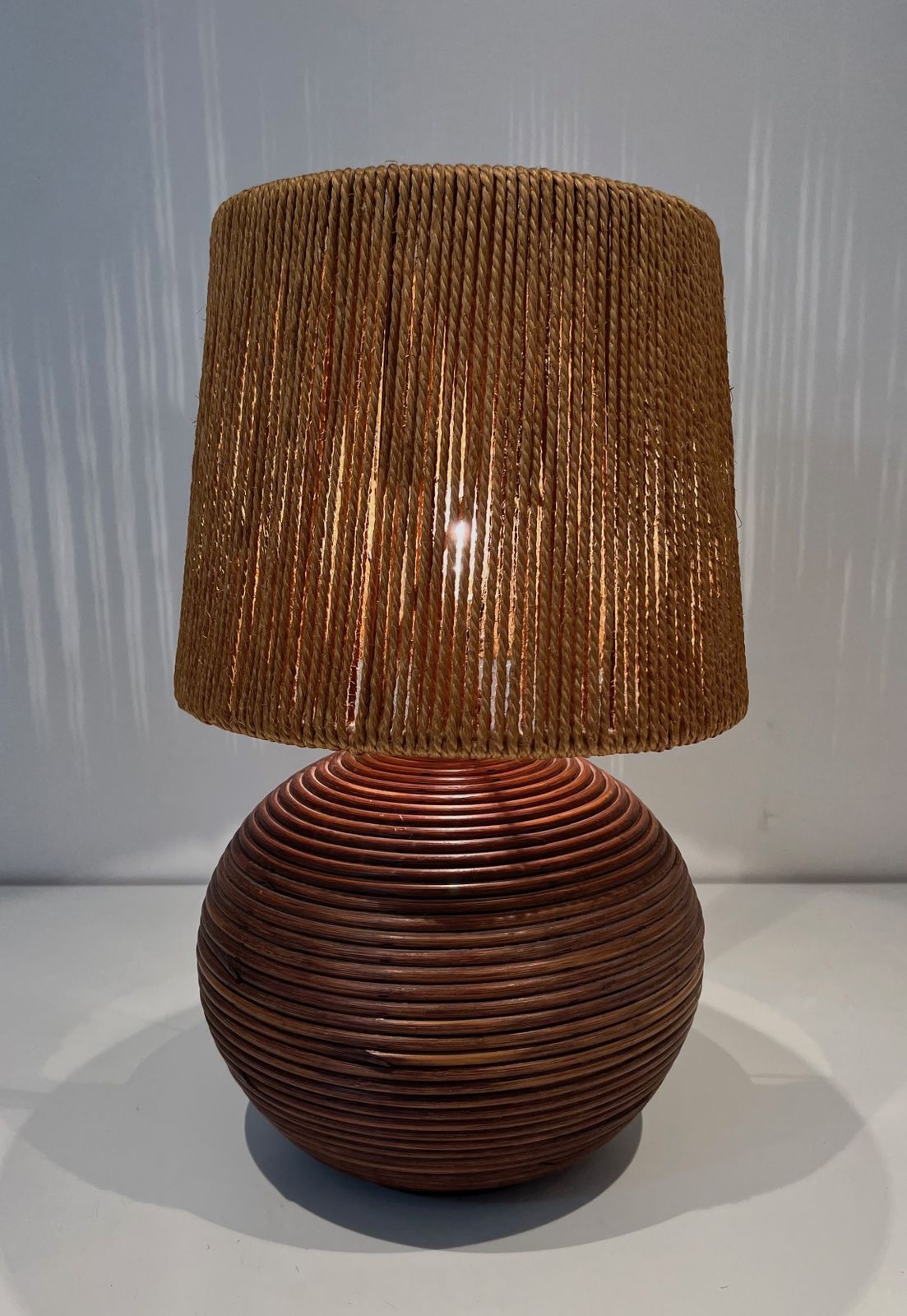 Round Rattan Lamp With Rope Shade In The Style Of Adrien Adoux And Frida Minet. Circa 1970 photo for sale