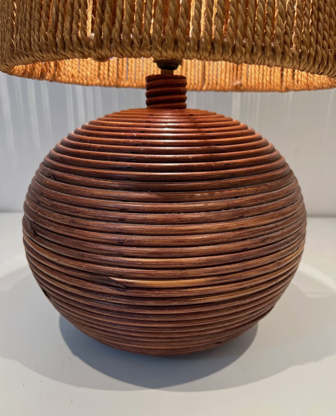photo furniture Round Rattan Lamp With Rope Shade In The Style Of Adrien Adoux And Frida Minet. Circa 1970