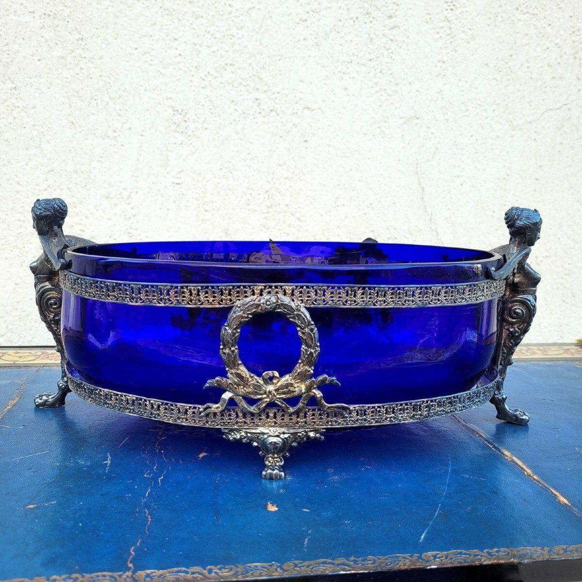 Hercules And Omphale, Glass And Silverplated Metal Bowl , Late 19th Early 20th Century photo vintage