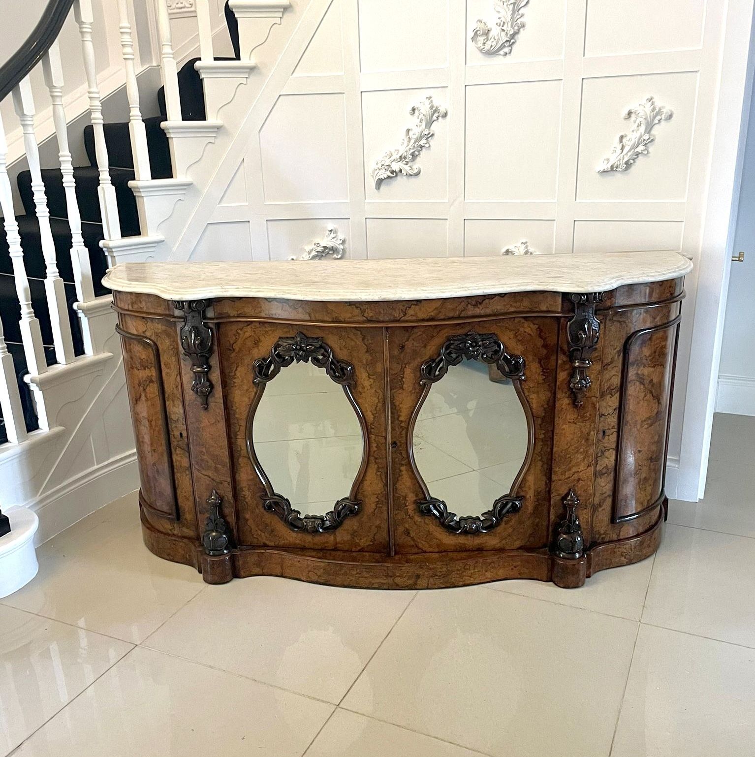 Outstanding Quality Antique 19th Century Burr Walnut Marble Top Credenza