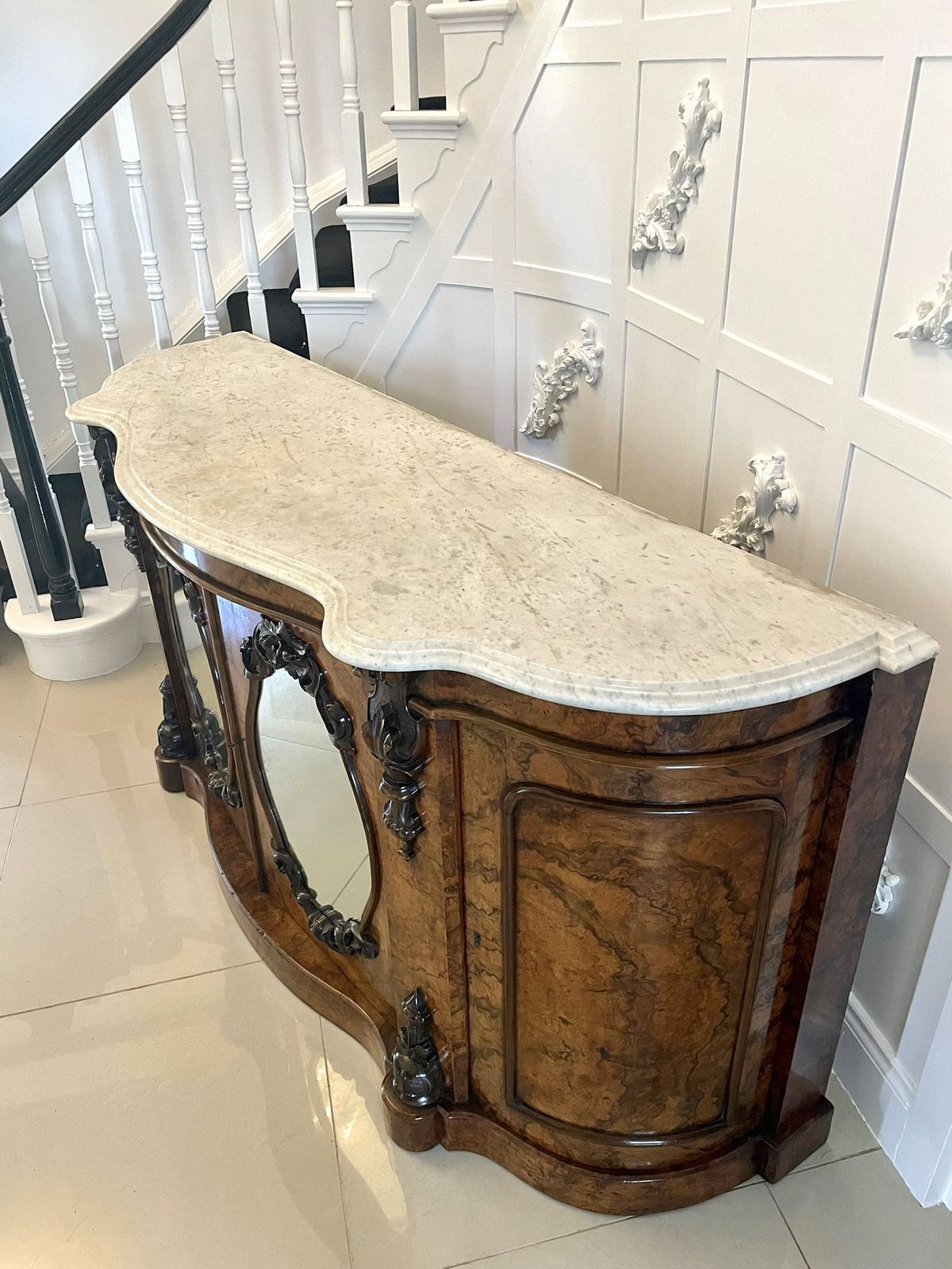 Outstanding Quality Antique 19th Century Burr Walnut Marble Top Credenza photo 5950.0