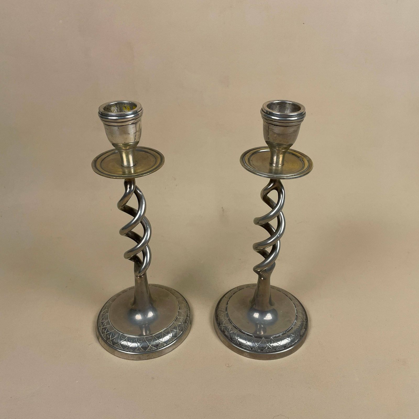 Antique Matching Pair Of Silver Metal Candlestick Candle Stick Vintage Column Taper Dinner Candlesticks Twisted Twist Round Base photo for sale