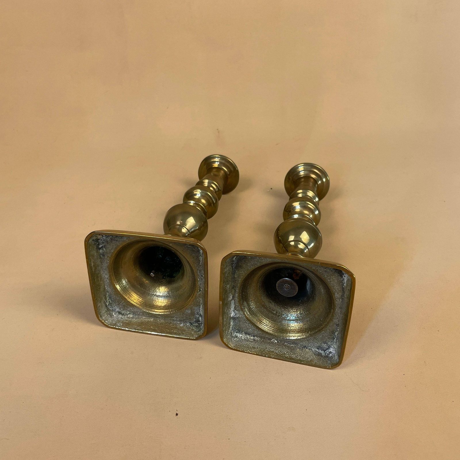 Antique Matching Pair Of Gold Brass Metal Candlestick Candle Stick Vintage Column Taper Dinner Candlesticks Square Base Pillar Old photo buy