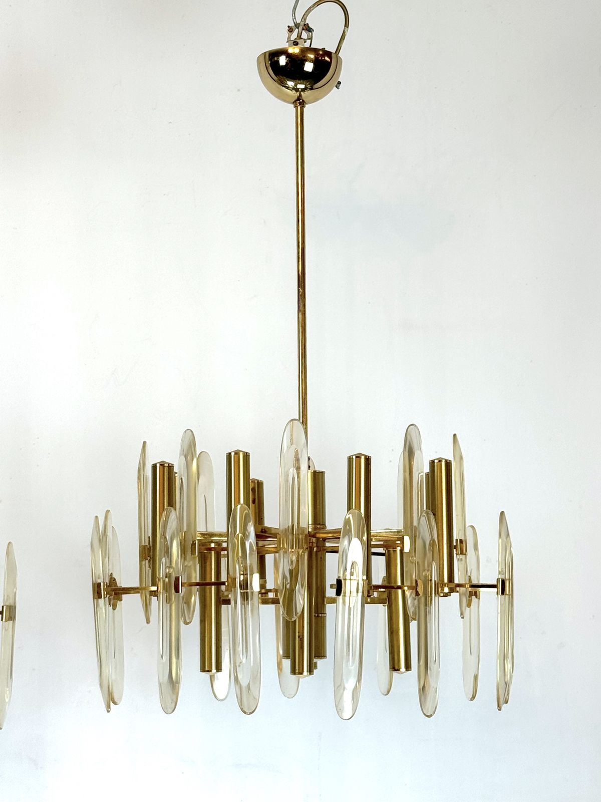 Sciolari, Pair Of Italian Brass And Glass Chandeliers From 70s photo furniture