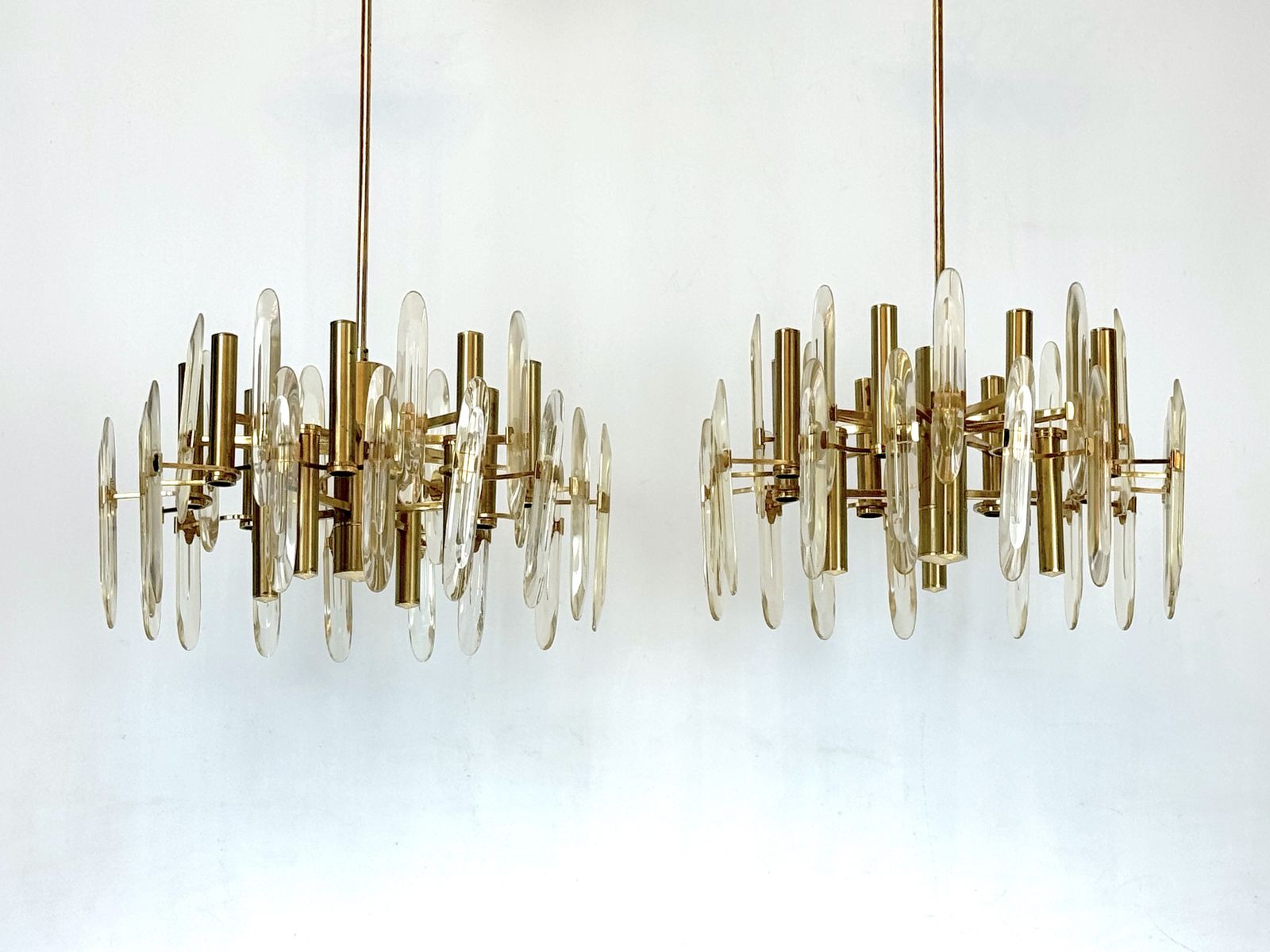Sciolari, Pair Of Italian Brass And Glass Chandeliers From 70s photo for sale