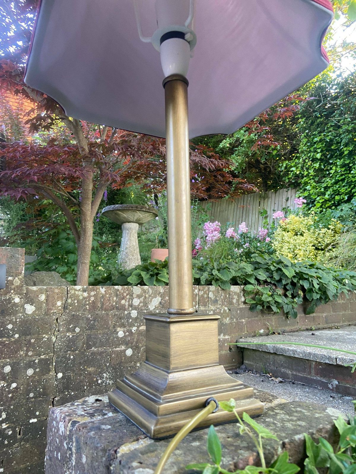 Delightful Vintage Very Tall Metal Lamp (Antique Bronze Gold Colour) With Maroon Vintage Shade, Quality Vintage Table Lamp Working Condition photo Lighting
