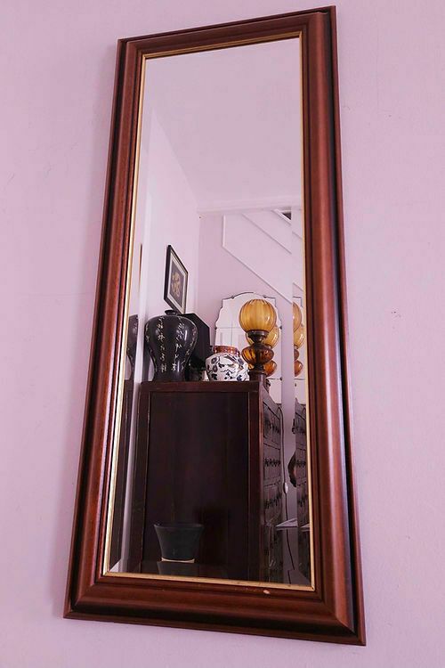 Tall And Handsome Mahogany Bevelled Mirror With Gold Inlay photo for sale