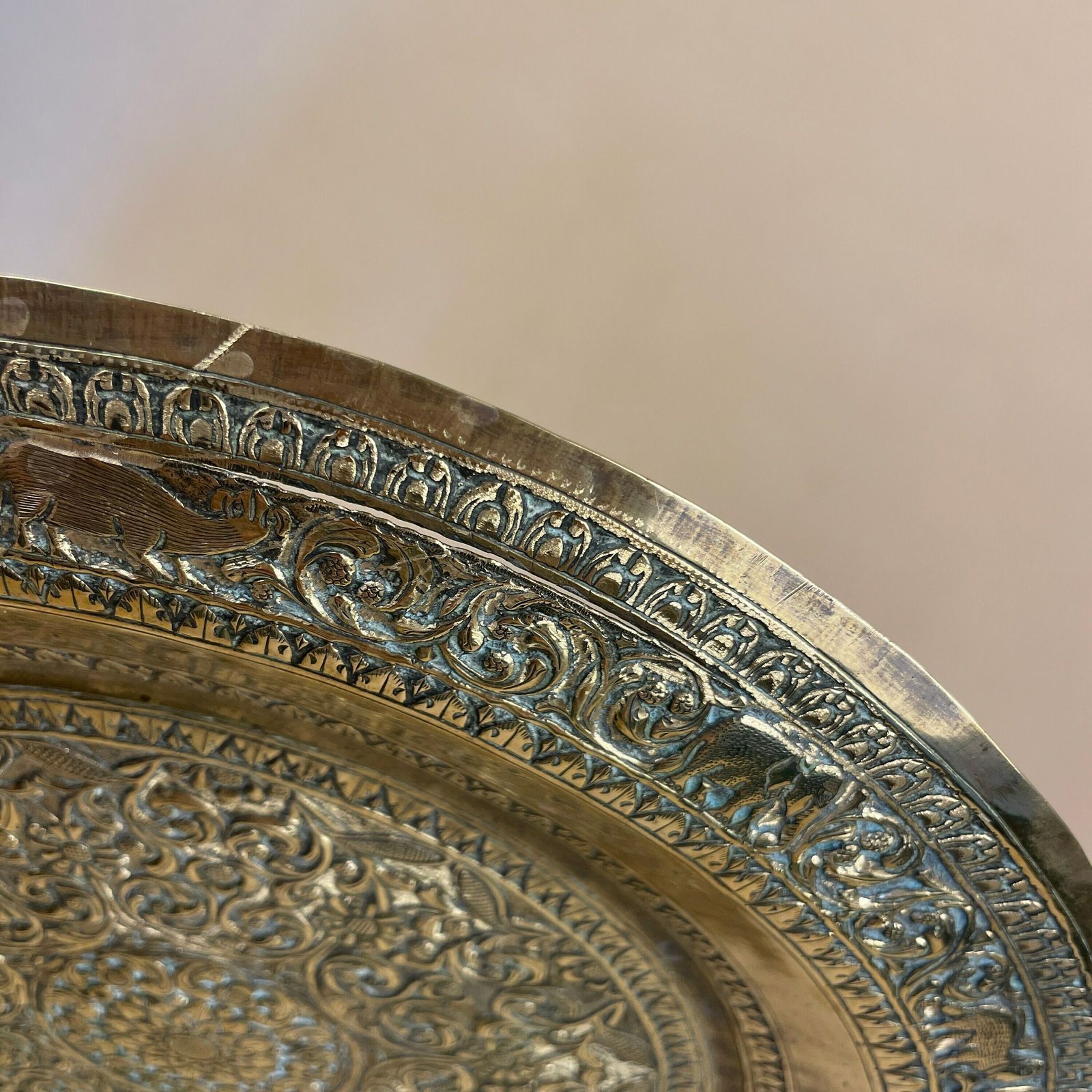 photo for sale Antique Metal Gold Indian Patterned Brass Tray Plate Asian Handmade Etched Intricate Decorative Patterned Wall Art Round Vintage