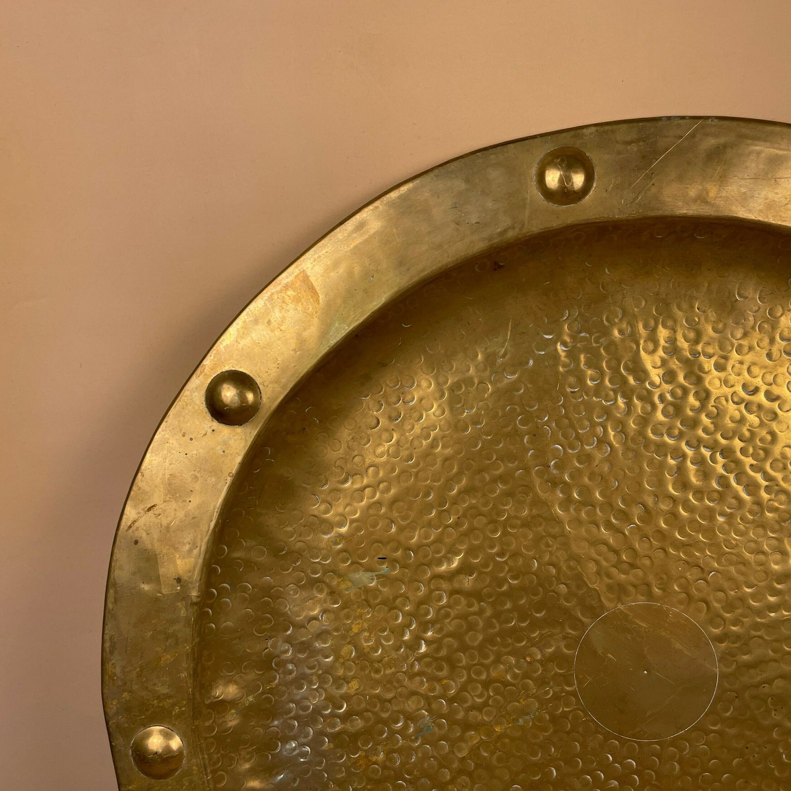 Antique Metal Gold Indian Patterned Brass Tray Plate Asian Handmade Etched Intricate Decorative Patterned Wall Art Round Vintage photo for sale