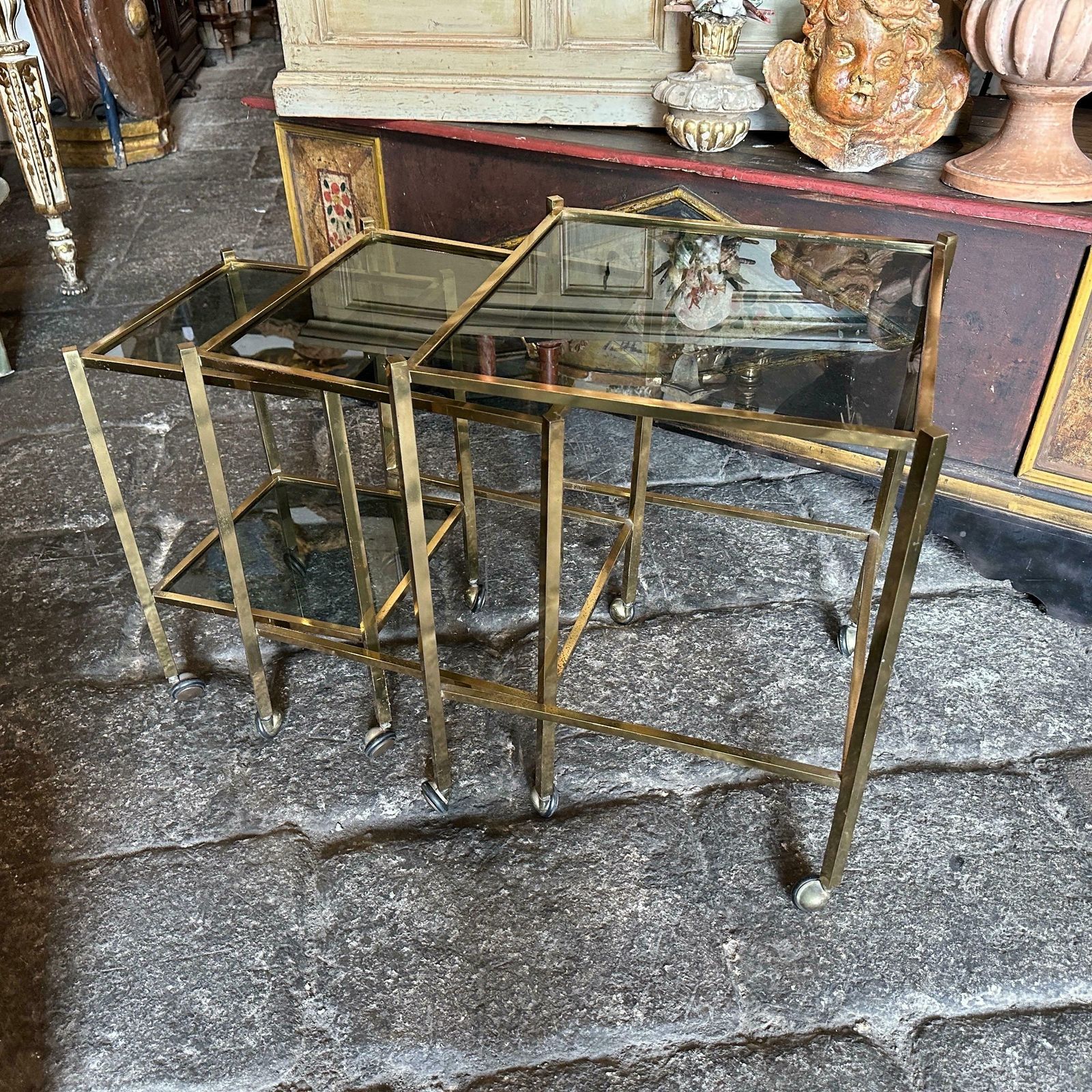 1960s Mid Century Modern Set Of Three Brass And Smoked Glass Nesting Tables photo for sale