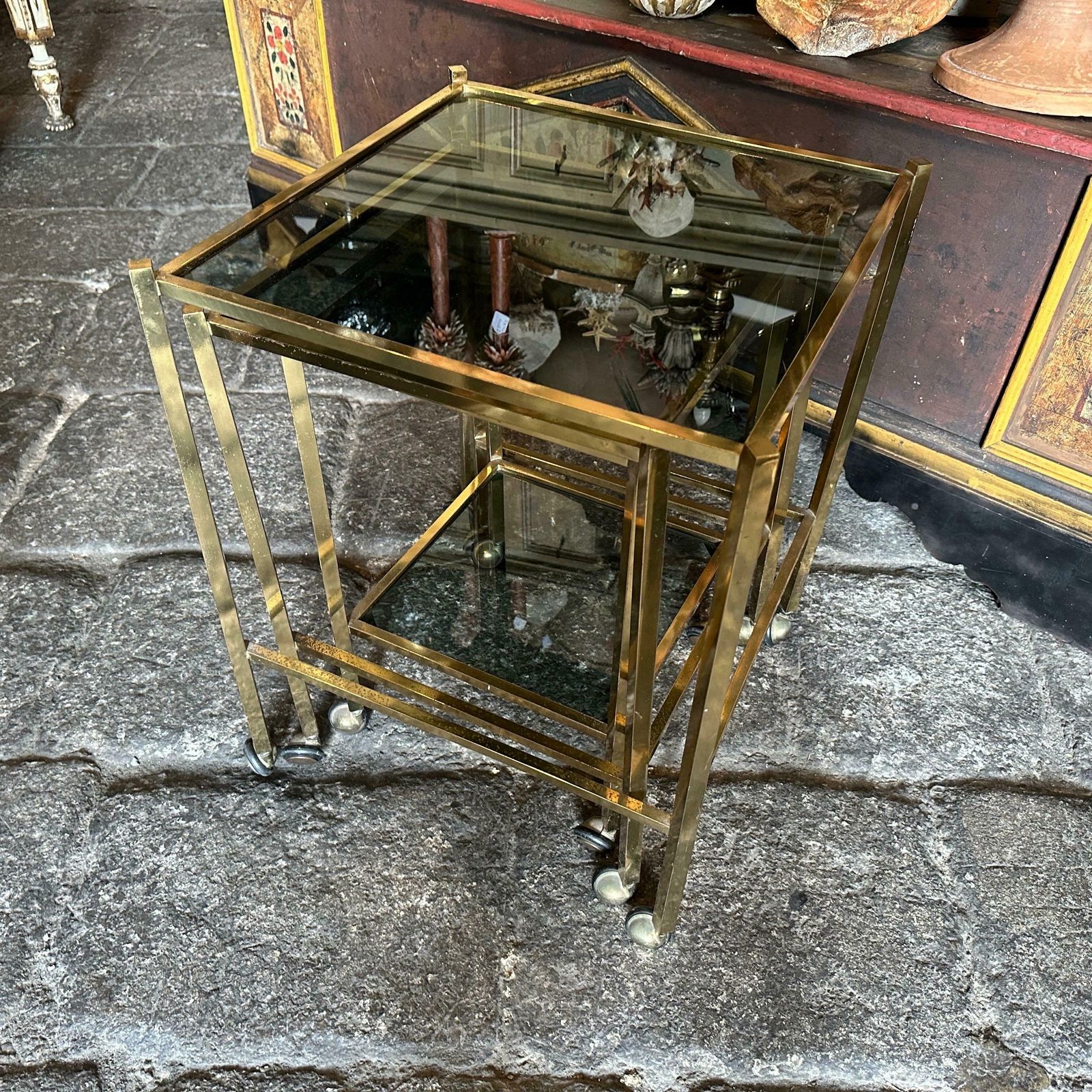 1960s Mid Century Modern Set Of Three Brass And Smoked Glass Nesting Tables photo Furniture