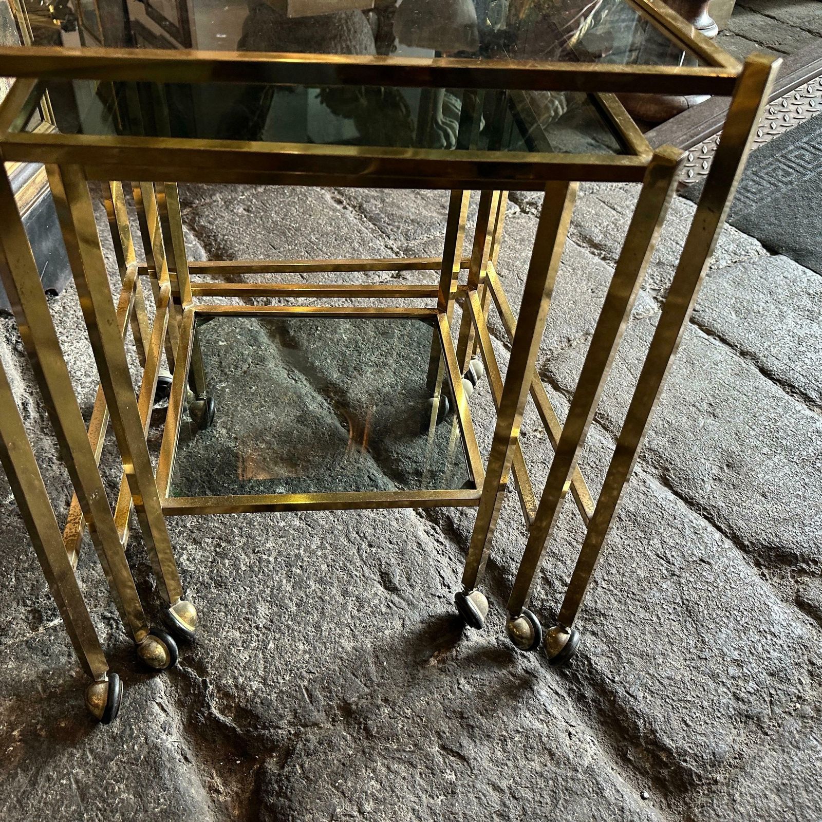 1960s Mid Century Modern Set Of Three Brass And Smoked Glass Nesting Tables photo vinterior