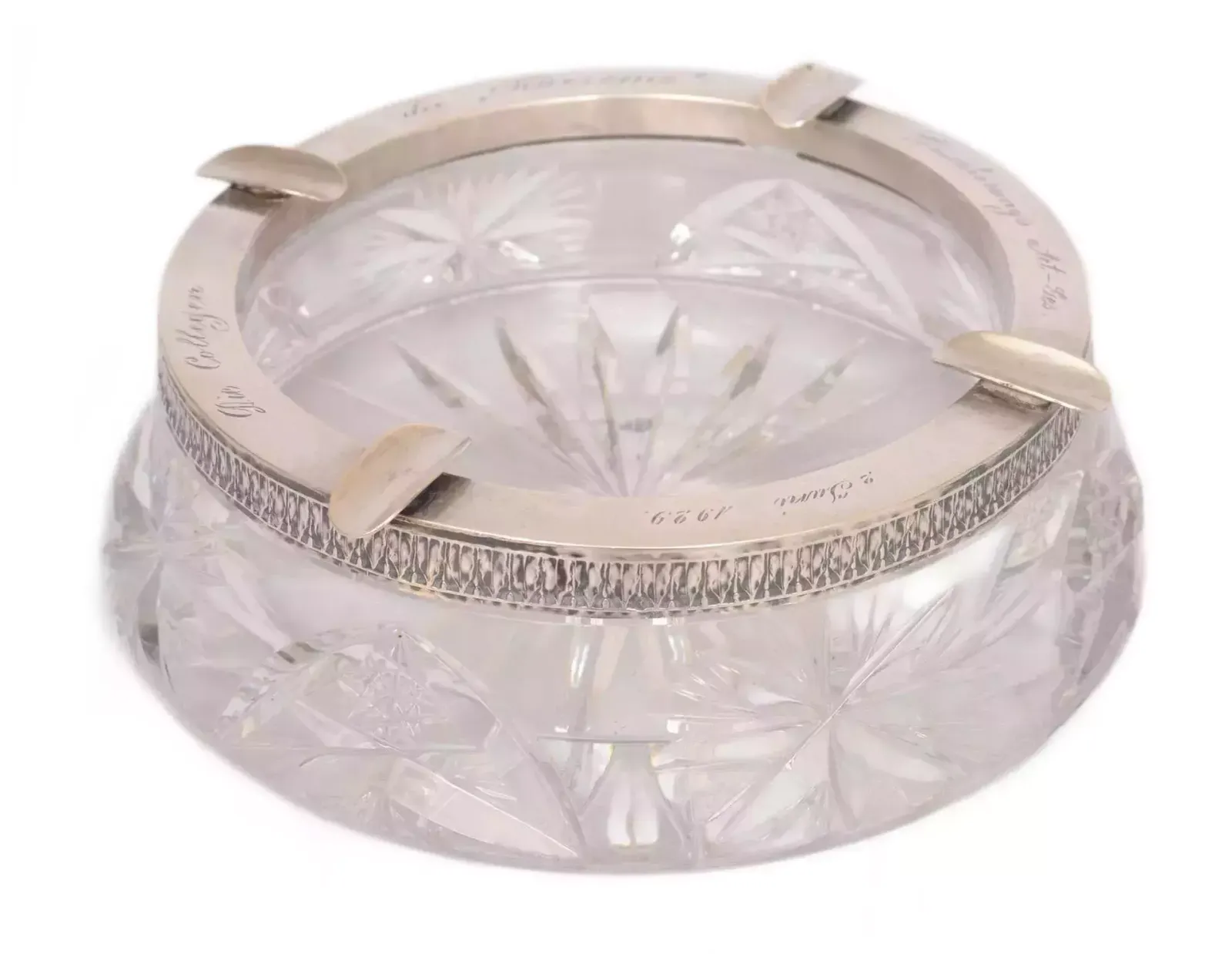 Crystal Ashtray With Silver Finish And Engraving
