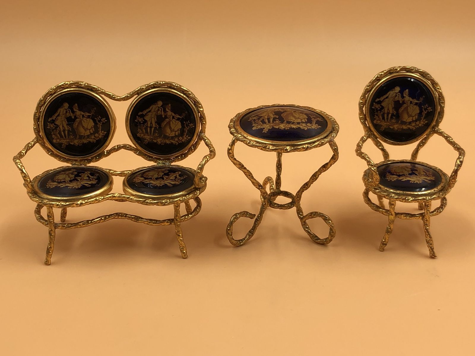 photo furniture Limoges Fragonard Porcelain France Miniature Furniture Set With Courting Couple.