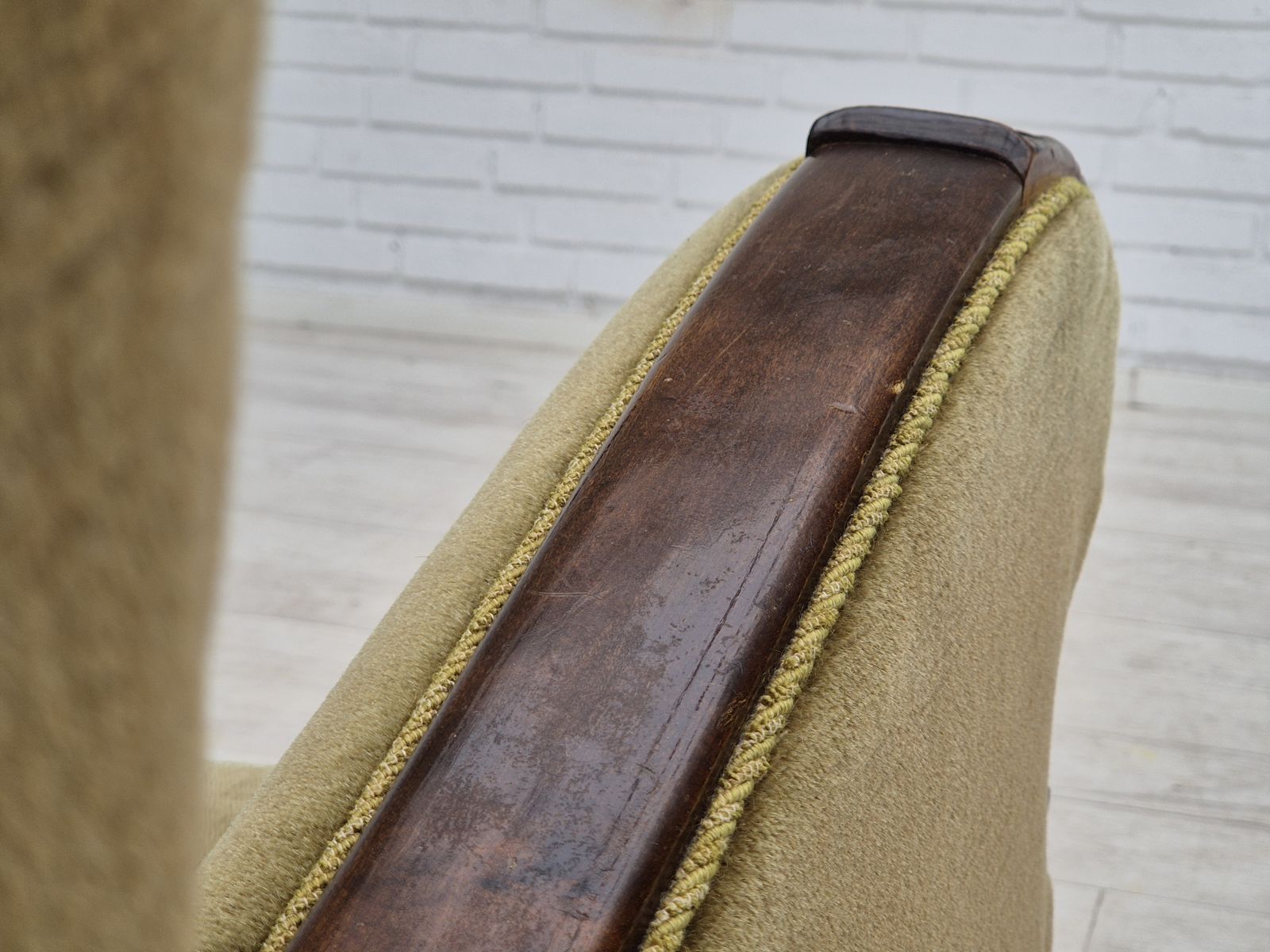 photo buy 1960s, Danish Vintage Armchair, Furniture Velour, Dark Beech Wood.