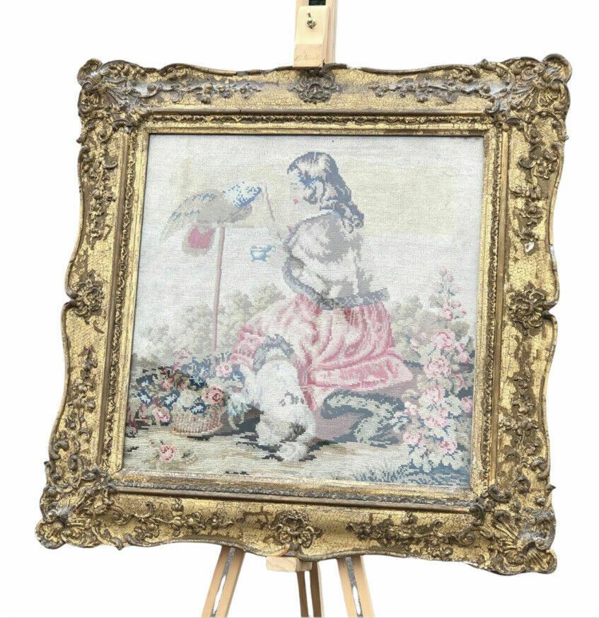 photo vinterior Georgian Embroidery/ Tapestry In Gold Gilt Frame.