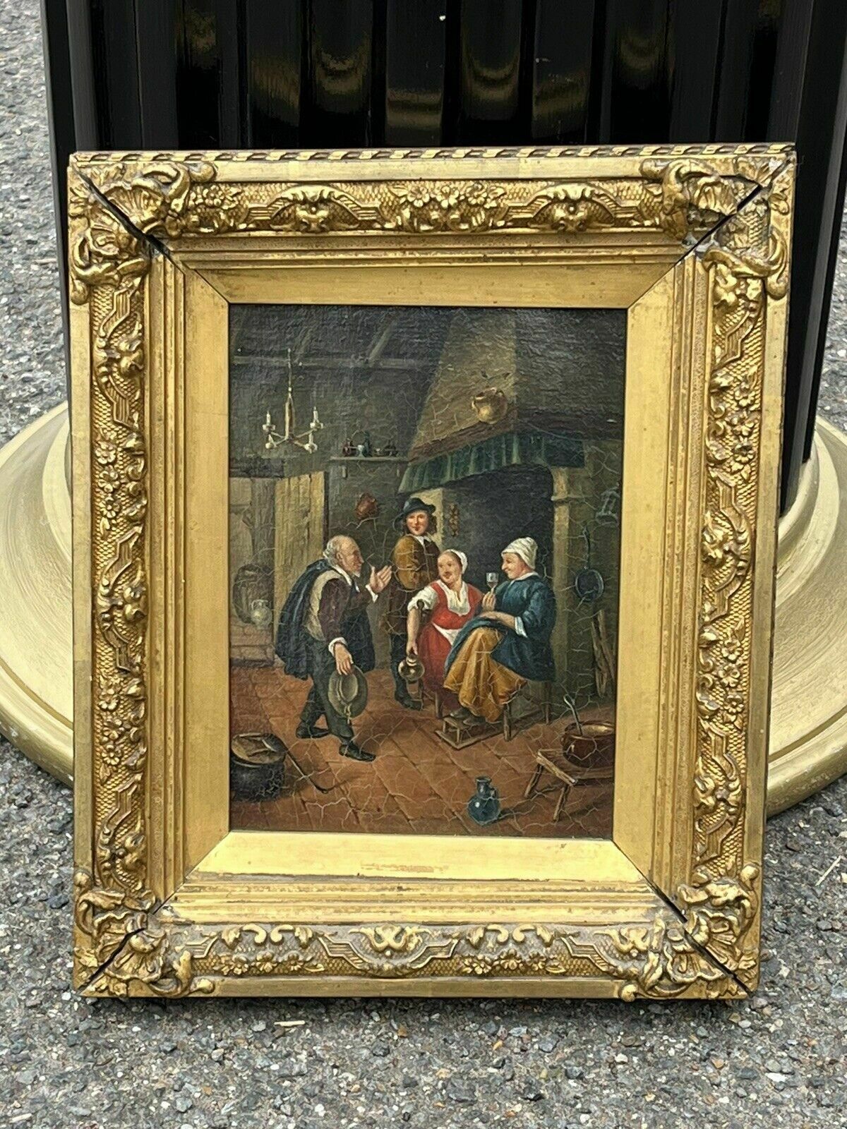 19th Century Tavern Or Inn Scene. Oil On Canvas In Gold Gilt Frame. photo furniture