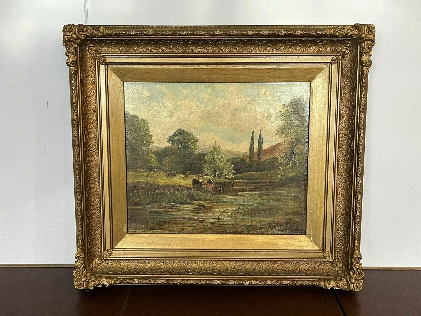 Antique Oil Painting. Oil On Board In Gilt Frame. Cattle Scene