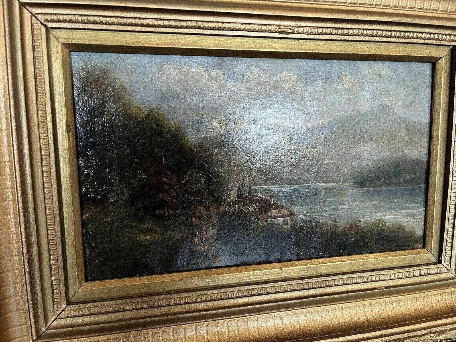 Antique Painting. Coastal Scene, Oil On Board In Gilt Frame. photo furniture