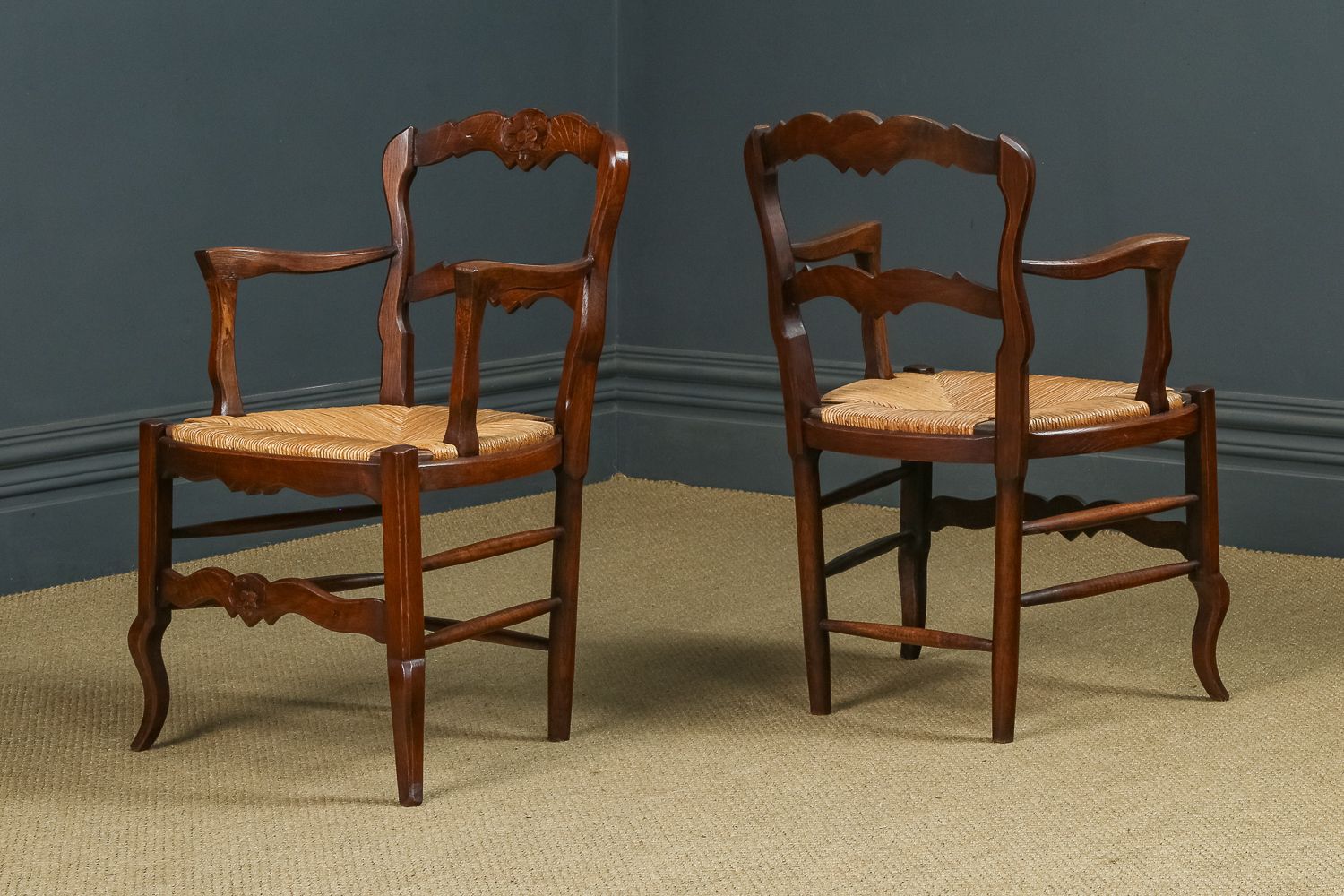 French Set Of 8 Eight Louis XV Style Oak Ladder Back Rush Seat Kitchen Dining Chairs (Circa 1920) photo vinterior