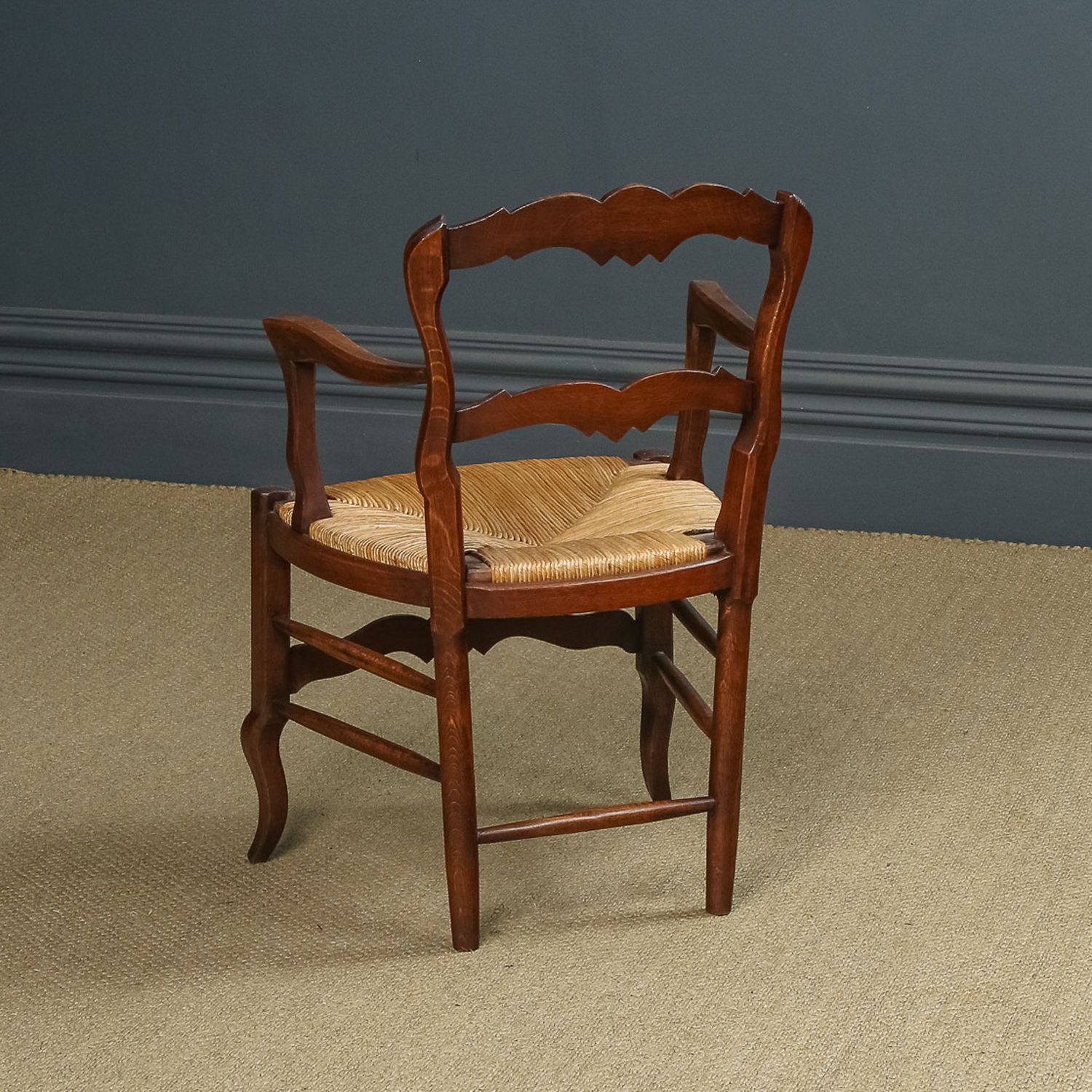 photo vinterior French Set Of 8 Eight Louis XV Style Oak Ladder Back Rush Seat Kitchen Dining Chairs (Circa 1920)