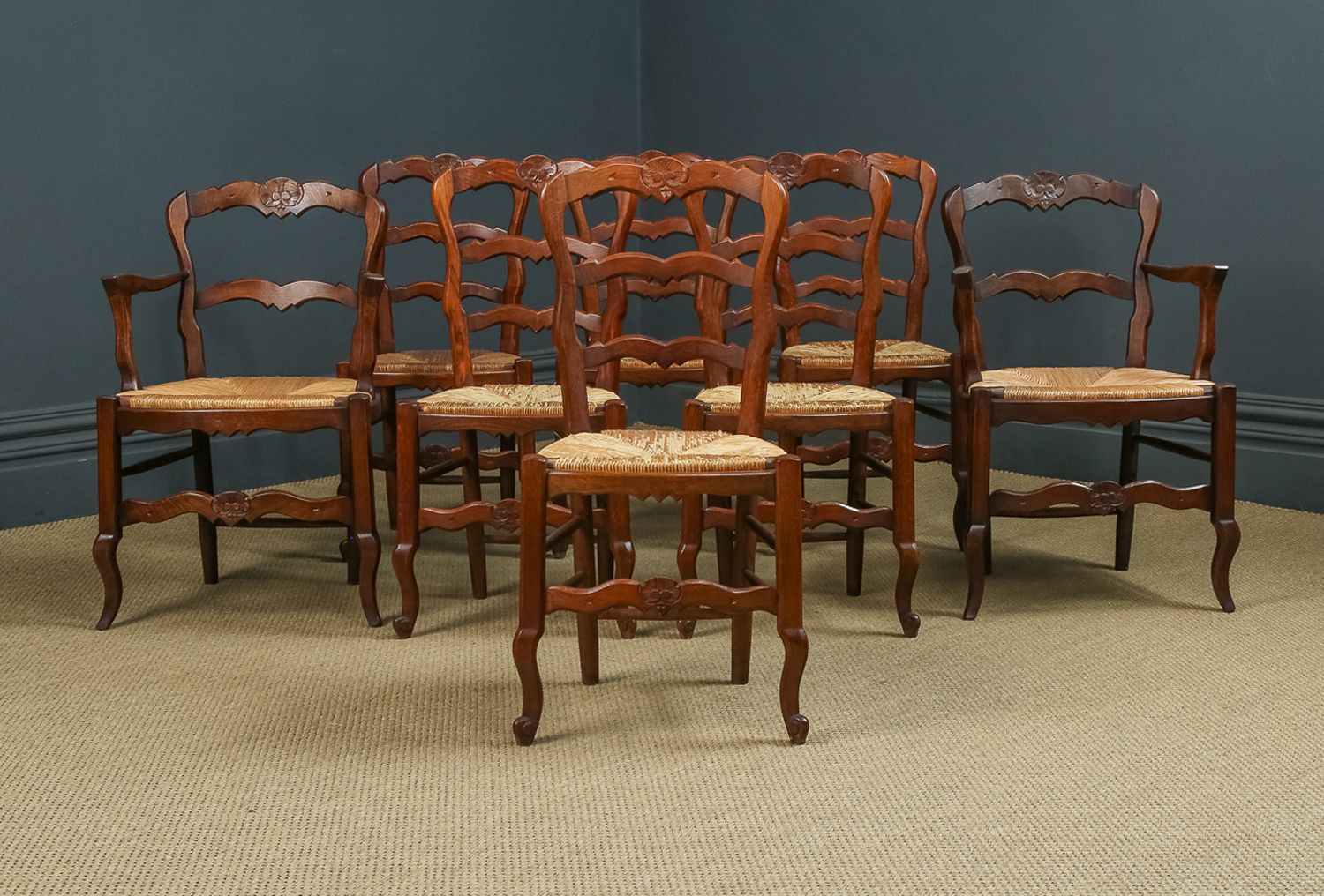 photo furniture French Set Of 8 Eight Louis XV Style Oak Ladder Back Rush Seat Kitchen Dining Chairs (Circa 1920)