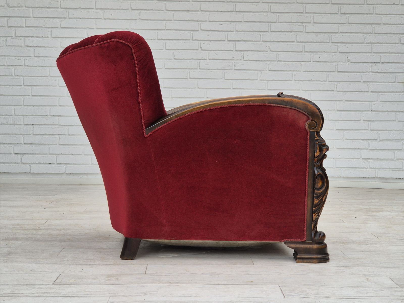 Ca. Jaren 1950, Deense Fauteuil Met Voetenbank, Meubelvelours, Essenhout. photo furniture