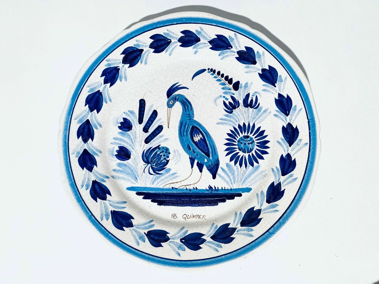 Ib Quimper Bird Of Paradise Motif Round Ceramic Wall Plate / Vintage French Decor