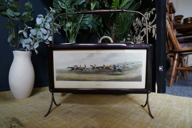 Mid Century Italian Designed Rosewood & Brass Magazine Rack With Watercolour Landscapes photo for sale