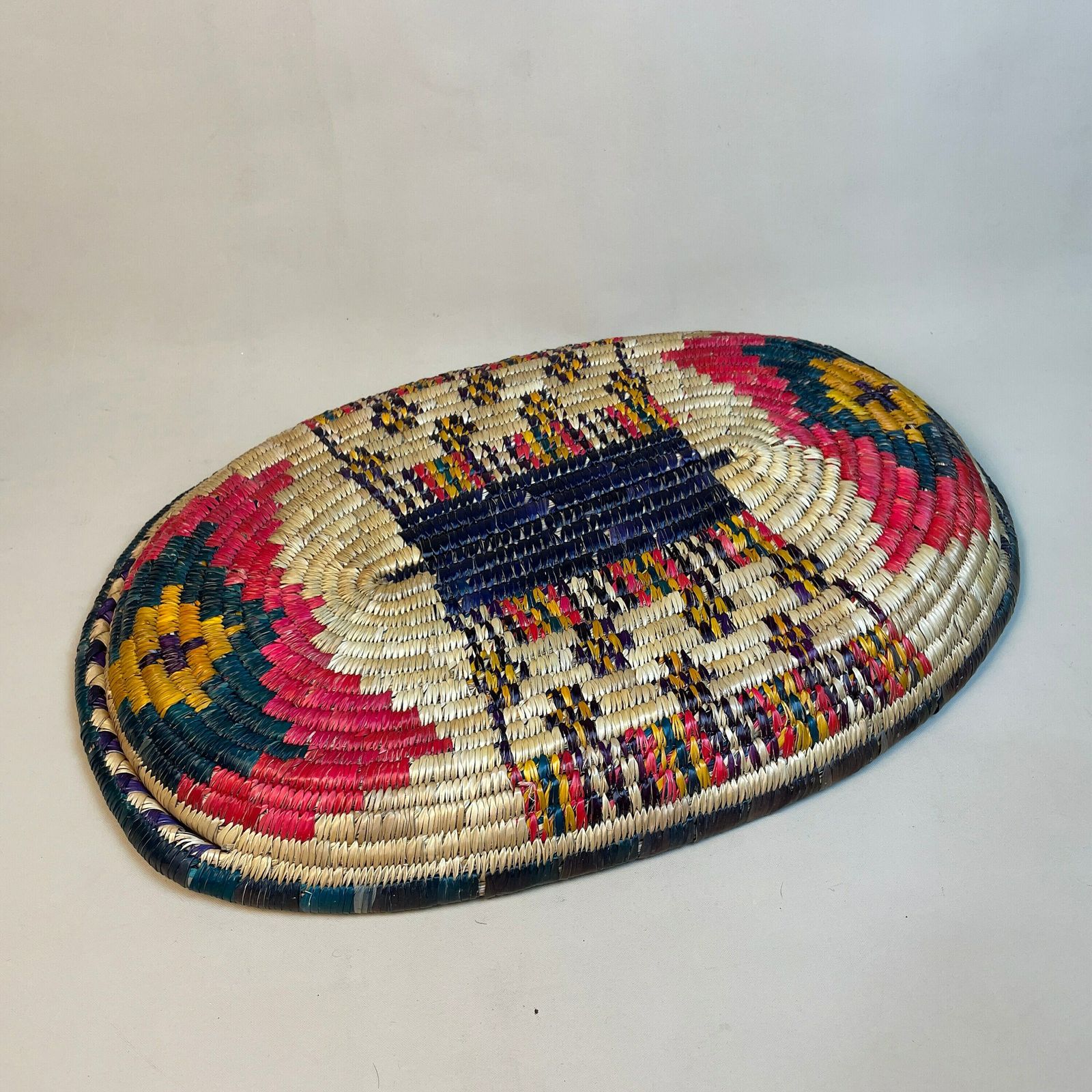 African Oval Woven Mat Tray Wicker Placemat Brown Rattan Natural Decor Handmade Decorative Pattern Africa Handles Traditional photo vintage