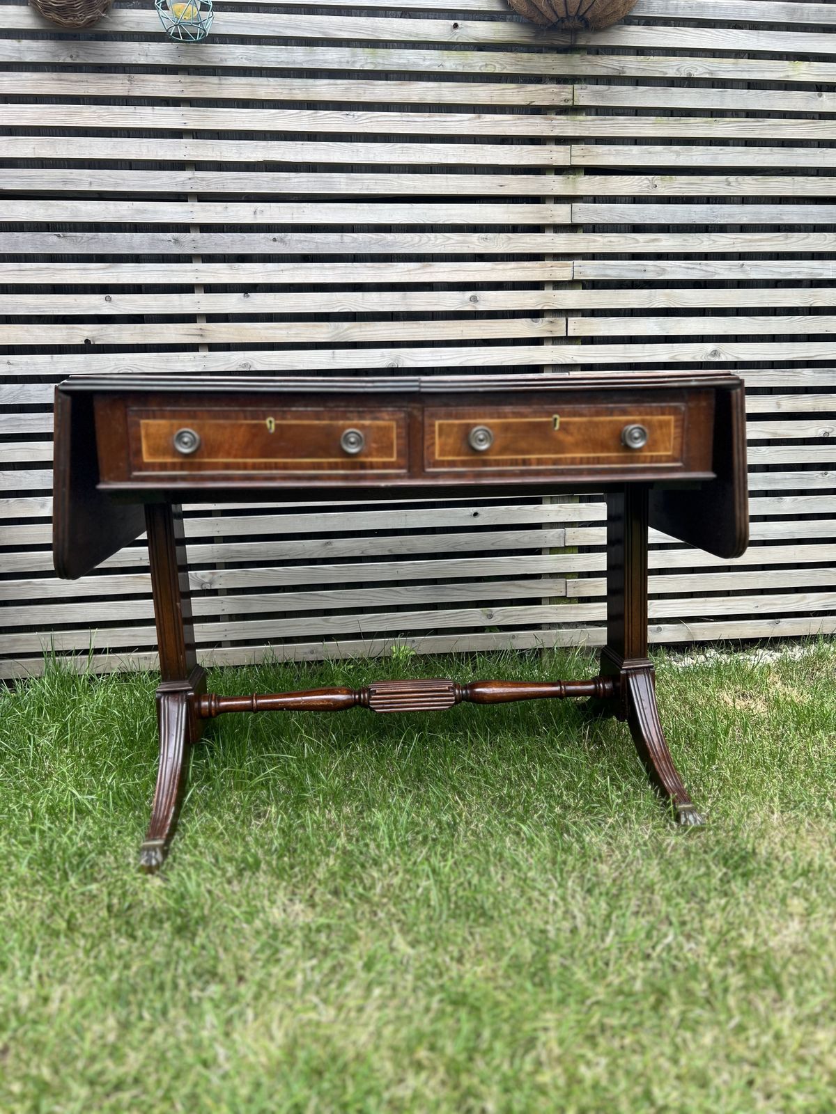 photo for sale Antique English Mahogany Drop Leaf Stretcher Table On Castors, 19th Century