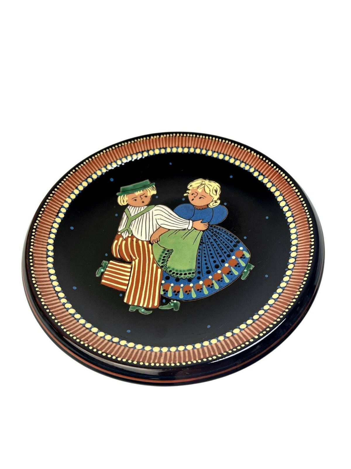 Swiss Pottery Wall Plate Rudolf Heimberg Switzerland, Dark Brown Mid Century Aesthetic Grandpa Grandma Chic Wedding Gift For Dancer Farmer photo furniture
