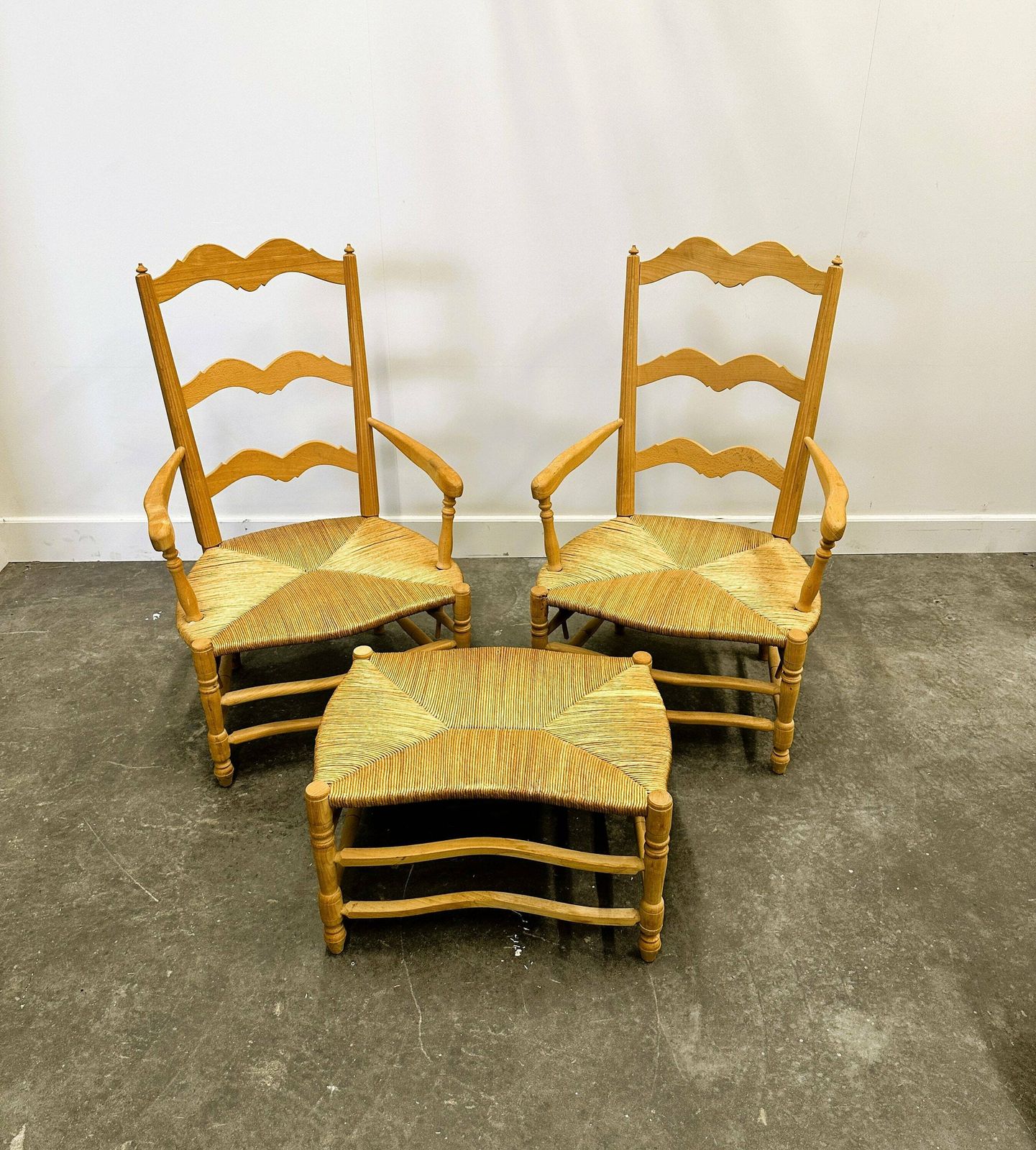 Pair Of French Provencal Radassier Beech Chairs And Ottoman, With Rush Seating. 1970s.