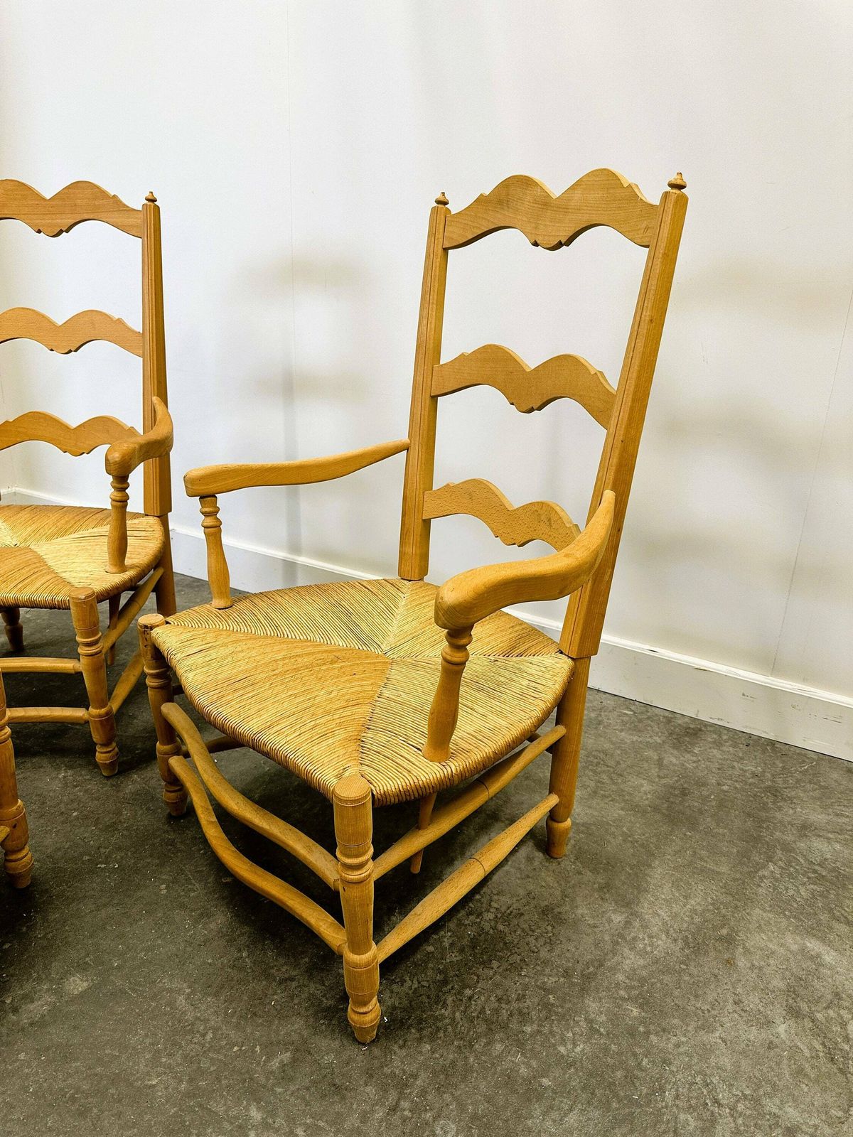 Pair Of French Provencal Radassier Beech Chairs And Ottoman, With Rush Seating. 1970s. photo vintage