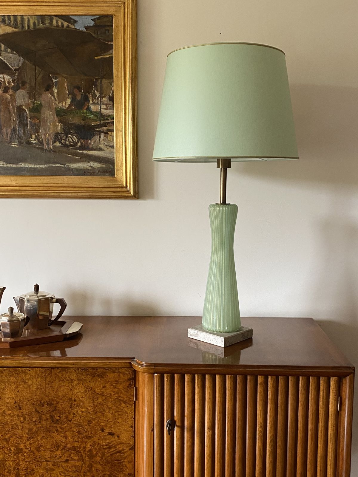 Mid Century Modern Green Murano Glass Table Lamp, Barovier & Toso Italy, 1940s photo for sale
