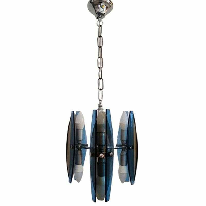 1970s Gorgeous Blue And Smoked Glass Pendant Lamp By Veca. Made In Italy
