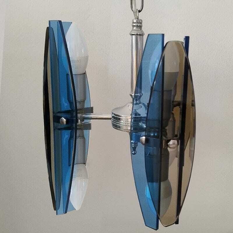 1970s Gorgeous Blue And Smoked Glass Pendant Lamp By Veca. Made In Italy photo 789.0