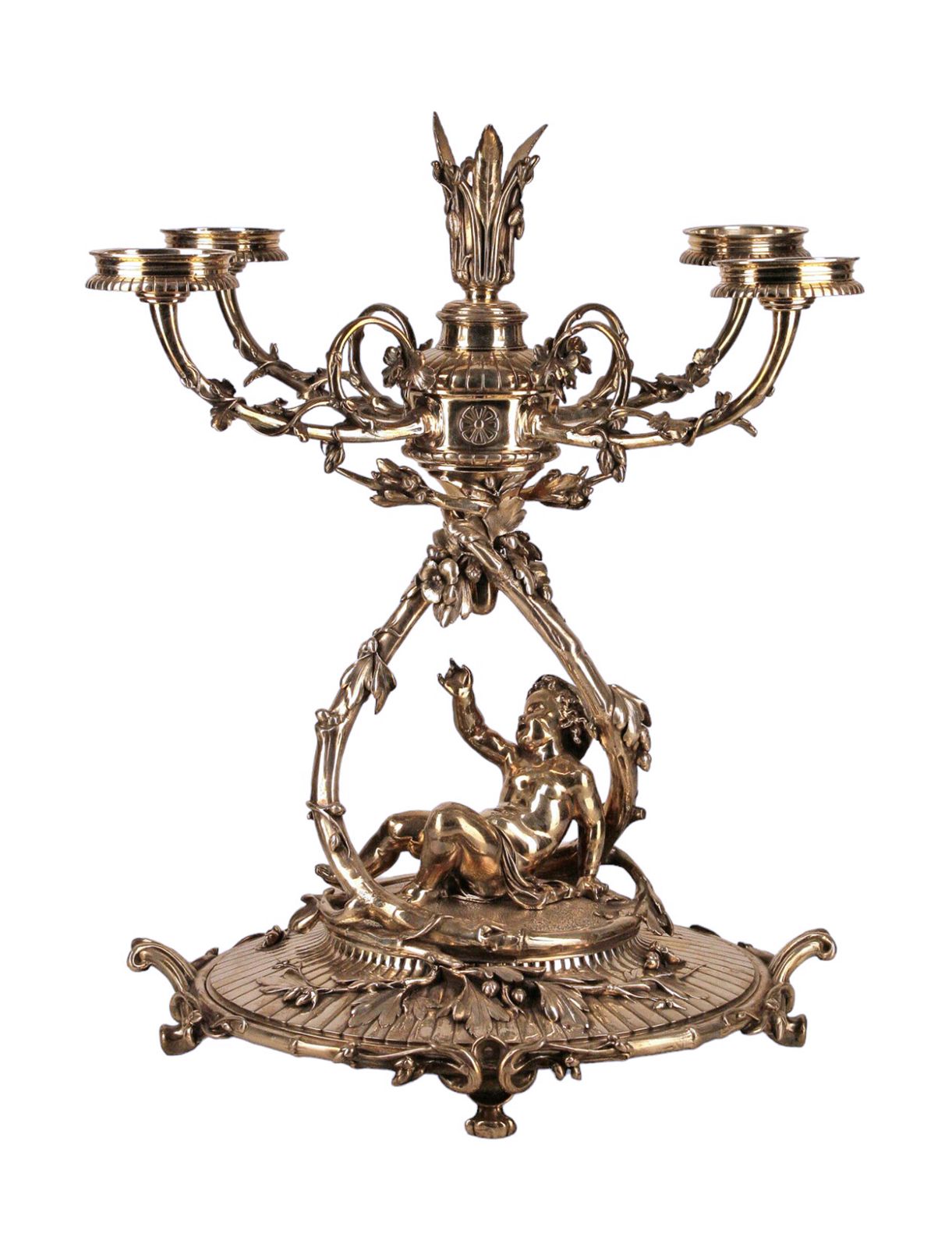 19th Century Christofle Rococo Silvered Metal Large Decorative Epergne Centerpiece Of Reclining Child With Baccarat Cut Crystal Compote Bowls, France photo buy