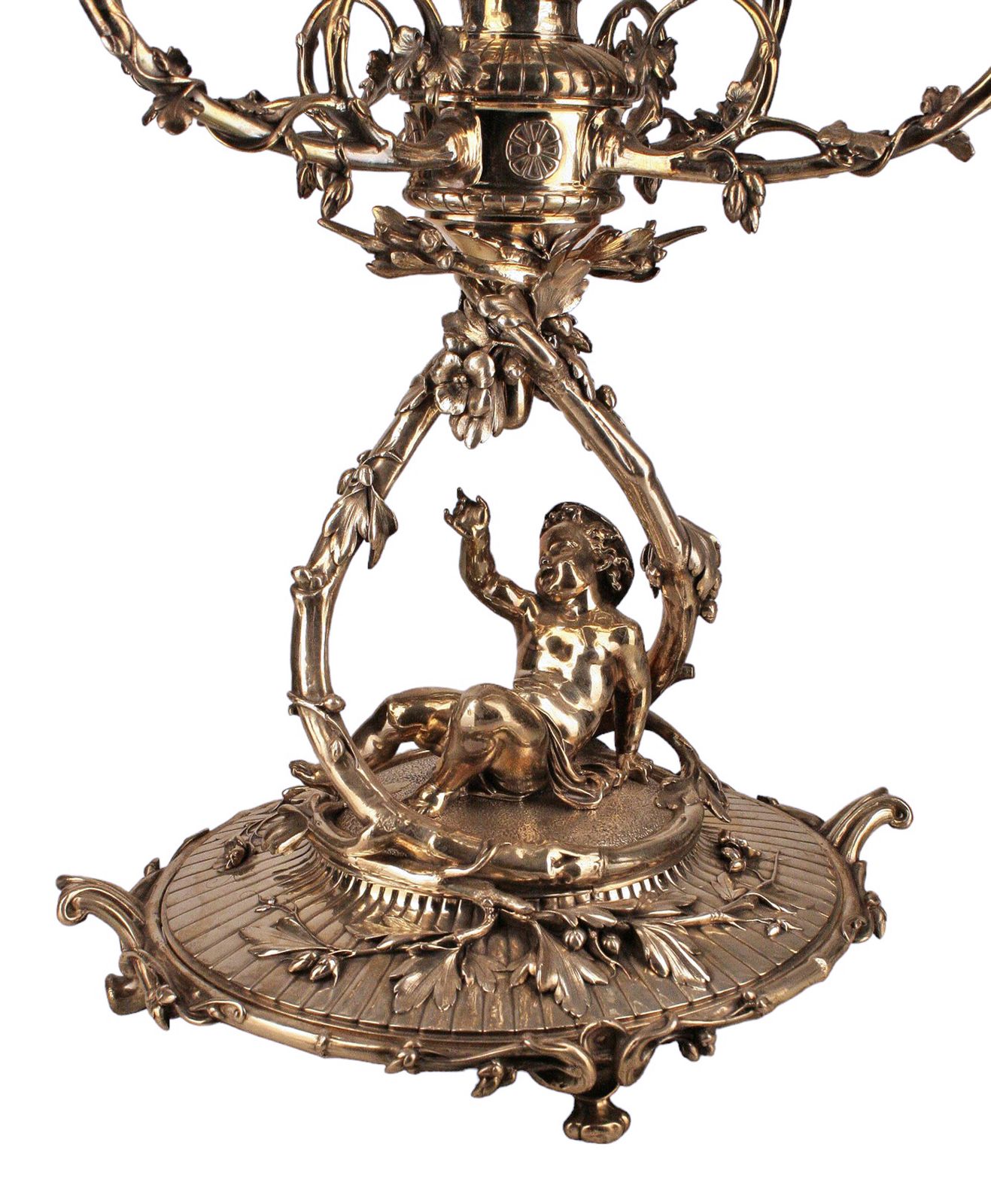 19th Century Christofle Rococo Silvered Metal Large Decorative Epergne Centerpiece Of Reclining Child With Baccarat Cut Crystal Compote Bowls, France photo 21500.0