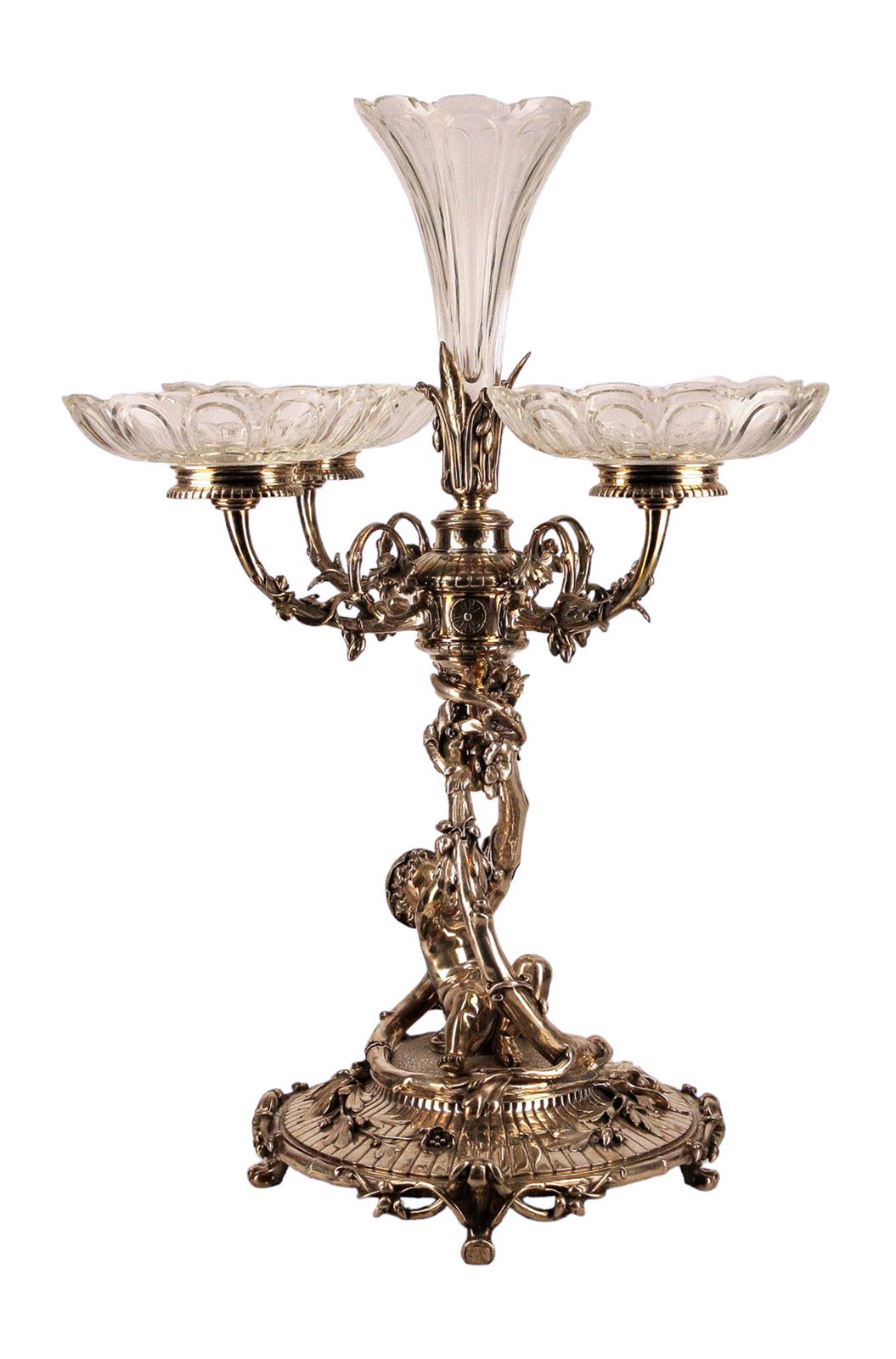 19th Century Christofle Rococo Silvered Metal Large Decorative Epergne Centerpiece Of Reclining Child With Baccarat Cut Crystal Compote Bowls, France photo furniture